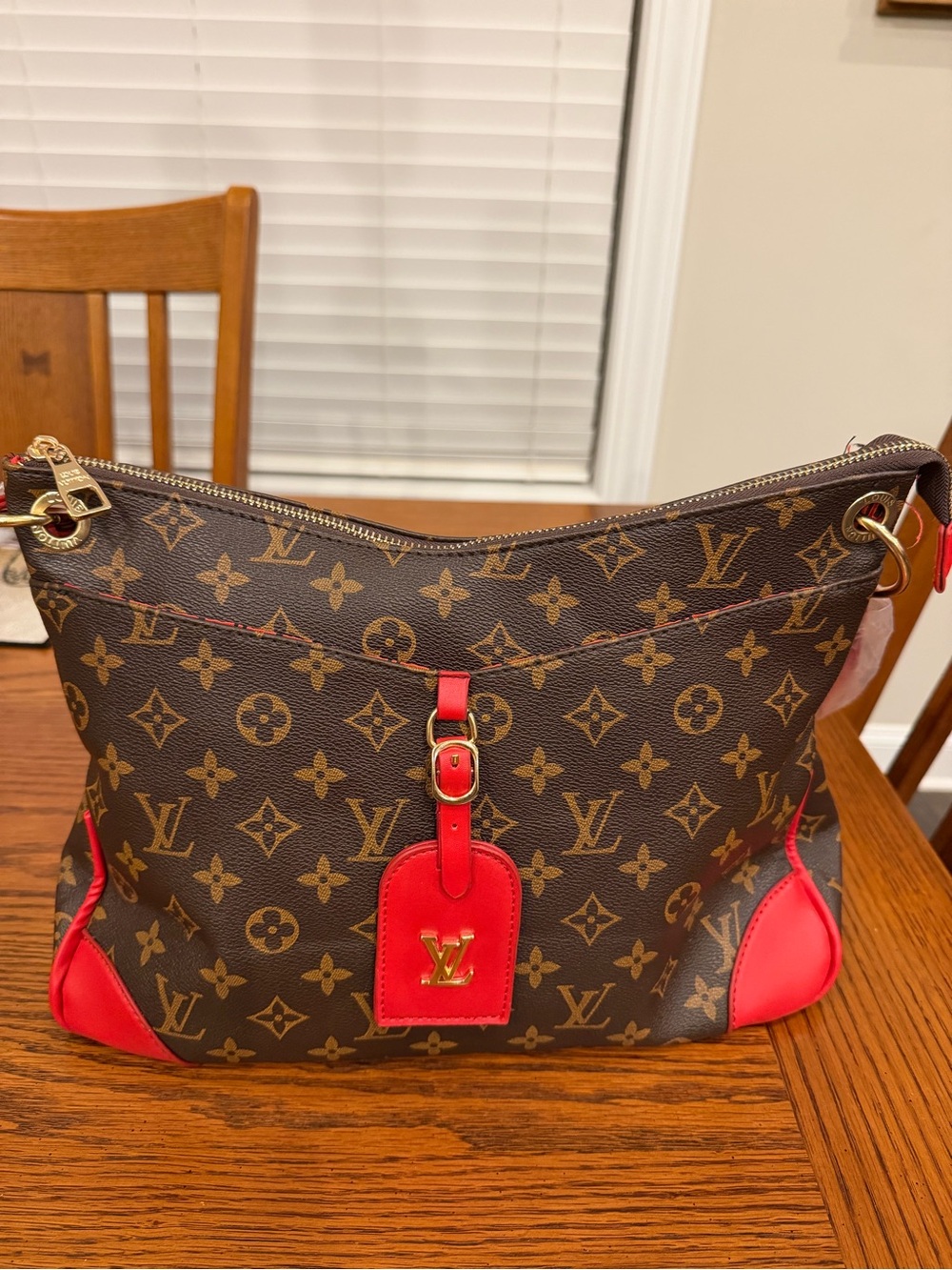 Monogram Canvas Shoulder Bag with Red Trim
